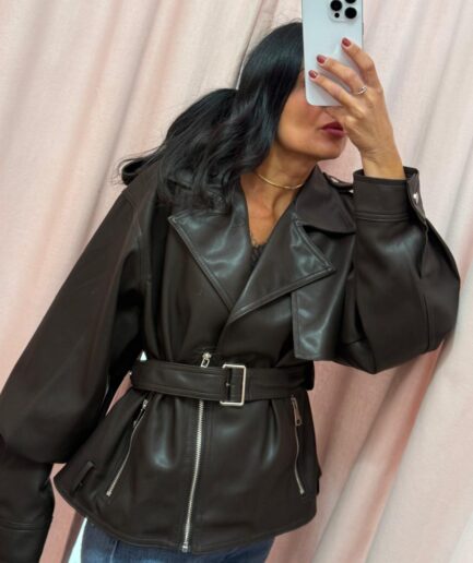 GIACCA ECOPELLE CON CINTA MARRONE SCURO 2894