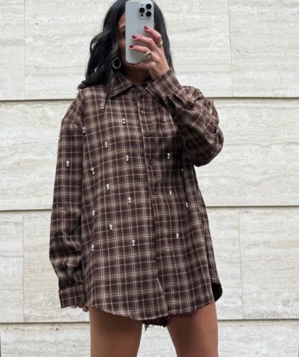 MAXI CAMICIA QUADRI CON STRASS MF2538 MARRONE