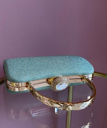 POCHETTE LUREX CON MANICO E CHIUSURA GIOIELLO VERDE ACQUA
