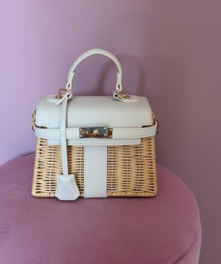 BORSA CON MANICO IN RAFIA E VERA PELLE