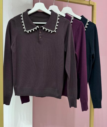 MAGLIA A POLO CON COLLETTO STRASS C2686